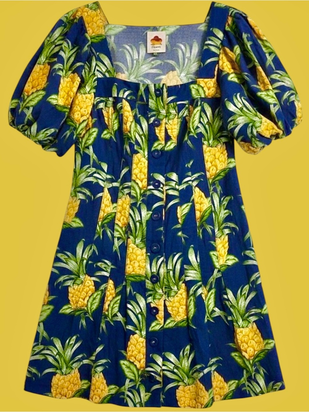 Farm Rio Like New Mini Navy/Pineapple Dress Pleated/Flare Front Button down Sz M